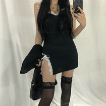 ins Wind High Street lace V-neck suspender skirt female design sense split short skirt slim slim slim body wear sexy tide