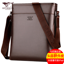 Seven Wolves Mens Bag Genuine Leather Head Layer Bull Leather Mens Single Shoulder Diagonal Satchel Bag Business Casual Bag Satchel Backpack Male Tide