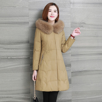 Winter special clearance slim fox fur collar matt sheepskin leather down jacket womens long leather jacket