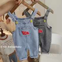 Korean baby wears letter jeans belts 2022 new boy and girl baby pure cotton casual pants