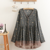 Fat mm autumn wear vintage fat woman 200 Jin size flower lace lace cover belly cotton linen coat women