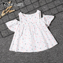 Lotte Shark Girl Shatter Shirt Short Sleeve Woman Baby Boy Baby Summer Clothing Dew Shoulder Sweet Blouse Childrens Korean Version Pure Cotton Shirt