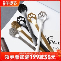 Nordic ins stainless steel cat claw long handle mixing spoon household Japanese hollow milk tea Net red dessert coffee spoon