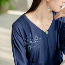 Strange flowers bloom Original (Qingxi smell flute) cotton T-shirt womens short sleeve loose half sleeve long embroidered top