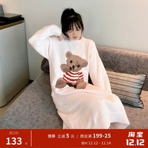 Cover mouth bear long sleeve nightgown women autumn and winter cute long pajamas thick wool coral velvet soft home wear