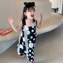 Childrens sling jumpsuits Summer girls polka dot back belt pants Western style baby casual loose thin wide leg pants tide