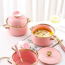 Color ceramic instant noodle bowl with lid large capacity instant noodle cup with handle microwave oven lunch box noodle bowl large size