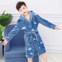 Childrens flannel bathrobe new autumn and winter boy home dressing robe coral baby with hat cloak towel