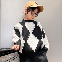 Boy casual sweaters Korean version CUHK Tong loose round collar jacket Head jacket 2021 Winter black-and-white collared cardiovert