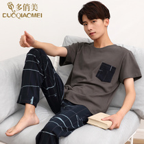 Casual thin summer cotton short-sleeved trousers pajama suit Large size mens plaid loose autumn and summer home clothes