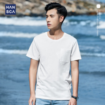 Hanska Summer 2021 New White Crewneck T-Shirt Mens Korean Trend Panel Pocket Loose Short-Sleeved Top