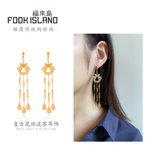 Fulai Island Gold Stud Earrings 999 Pure Gold Earrings Bow Knot Tassel Earrings Womens Fashion Ancient Gold Earrings New Products