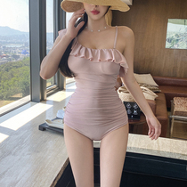 Swimsuit female summer sexy cinnamon color small breasts gather ruffles student Conservative Korean ins retro one-piece swimsuit