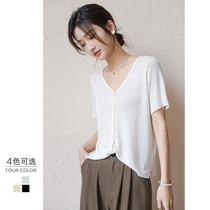 Ice silk V-neck short sleeve t-shirt women 2021 summer new thin loose drape white short knit cardigan top