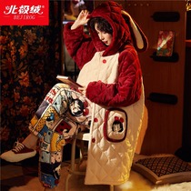 Coral velvet pajamas womens winter long sleeve three layers thickened velvet Cotton Spring and Autumn new warm home clothing set