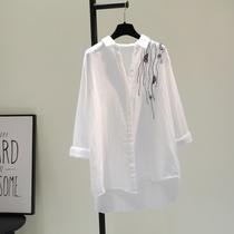 Hong Kong Tide 2021 new cotton linen embroidery long clothes womens loose size casual shirt coat