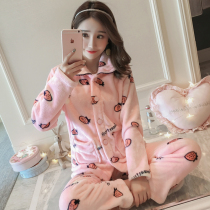 Cardigan pajamas womens autumn and winter coral velvet students padded cute flannel home clothing Korean long sleeve suit