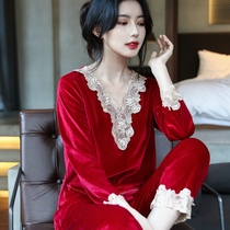 2021 New gold velvet pyjamas womens autumn and winter style headsets Long sleeves adorable red wedding Ben-life-year home clothes