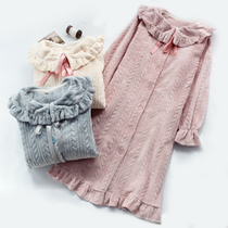 Japanese ins sweet forest night dress Womens winter thickened flannel long-sleeved doll collar cardigan bathrobe