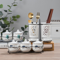 Kitchen supplies Ceramic seasoning tank Salt tank three-piece set of knives and forks double chopsticks tube Household Nordic seasoning bottle series