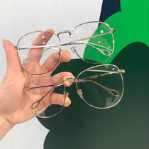 Net red with glasses street shot big frame big face plain face thin glasses frame female retro metal round flat mirror tide