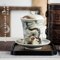Chai burning kiln becomes hand-painted Longteng large Bowl Jingdezhen kung fu tea set ceramic three-talent bowl tea bowl tea bowl