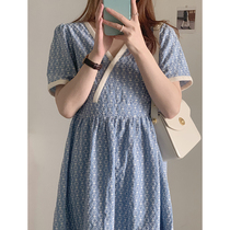 YouZIQI Grapefruit Ki Blue Dress New Skin Middle Middle Embroidery Retro Bubble Sleeve V-collar Dress