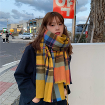 Ding walks the Japanese literature and art burrs plaid scarf womens autumn and winter warm shawl thick white imitation cashmere scarf