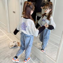 Girls clothes fashionable fake two pieces spring 2021 new childrens base shirt female spring and autumn thin childrens coat tide