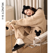 Women's Man Style Coral Fleece Pajamas 2020 New Winter Cute Cartoon Hooded Home Clothing Warm Autumn Winter Suit