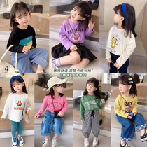 Girls spring clothing 2022 new baby hit undershirt childrens dress cartoon T-shirt with childrens spring and autumn long sleeves pure cotton blouse