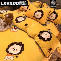lxrxdd winter plus velvet milk coral velvet bed four-piece double-sided Flemish flannel bed hats sheet quilt cover