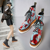 Hong Kong Muffin thick-soled Martin boots womens autumn and winter 2020 new leather grass-woven wedge boots with color lace-up high heels
