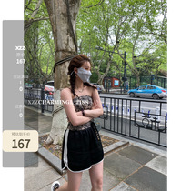 Xzz Olio Sandwich Acetate Shorts Black High Waist Wide Leg Shorts Women Summer Thin style Temperament Loose Casual Pants