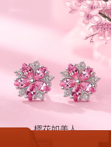 925 Pure Silver Cherry Blossom Earrings Woman Temperament Earrings Earrings Earrings 2021 New Wave Design Sensation Little Crowdnet Red A