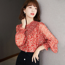 Red Crushed Flowers Snowspun Shirts Long Sleeves Fall 2021 Retro Foreign Air Wood Ear edge Folds Blouse Hooded Sweatshirt