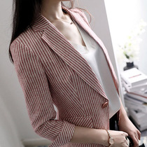 JOLIMENT cotton linen pink blazer women 2020 Spring New slim linen striped thin small suit autumn