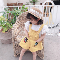 Girls strap pants suit summer 2023 new baby girl yellow jeans two pieces of childrens summer dress