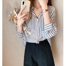 Striped shirt womens spring dress new design sense niche light mature coat loose outside wear thin sunscreen shirt coat