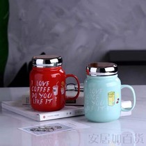 Cute ceramic creative cartoon girl student Japanese simple color mirror Cup with lid coffee cup large