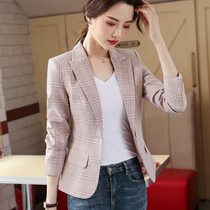 Pink plaid blazer womens 2021 spring new net red Korean version slim chic short casual small suit