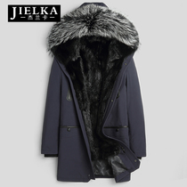 Faction to overcome mens leather grass green root mink liner with long section of fox fur collar Haining fur minke fur coat mens coat