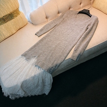 French niche design sense celebrity temperament gray sweater lace stitching knitted long autumn and winter bottoming dress