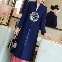 Retro Tang Jacket Women autumn and winter trench coat long Zen clothing female Chinese style Zen Chinese style wool woolen coat