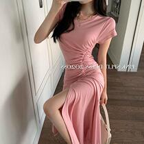 Can sweet salt chic elegant sweet flutback slit small black skirt thin temperament fishtail short sleeve dress women