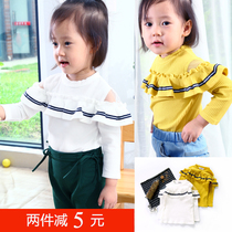 Girl Spring Autumn Dress Thin with long sleeve T-shirt for baby clothes Baby dew-shoulder lotus leaf Wavy Side Round Collar Blouse