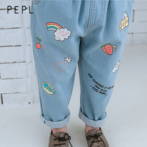 PEPL2021 autumn new girl Korean thin trousers Children Baby Girl Loose print jeans tide