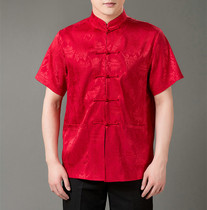 Middle-aged and elderly mens mulberry silk short-sleeved Tang Chinese traditional retro silk buckle stand collar loose large size shirt