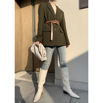 Retro olive green woolen suit jacket womens spring 2021 new Korean loose profile high-end small suit top