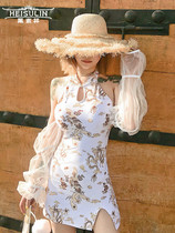 White swimsuit gathering mesh yarn embroidery slit Dragon Phoenix cheongsam cross strap halter neck hot spring bikini